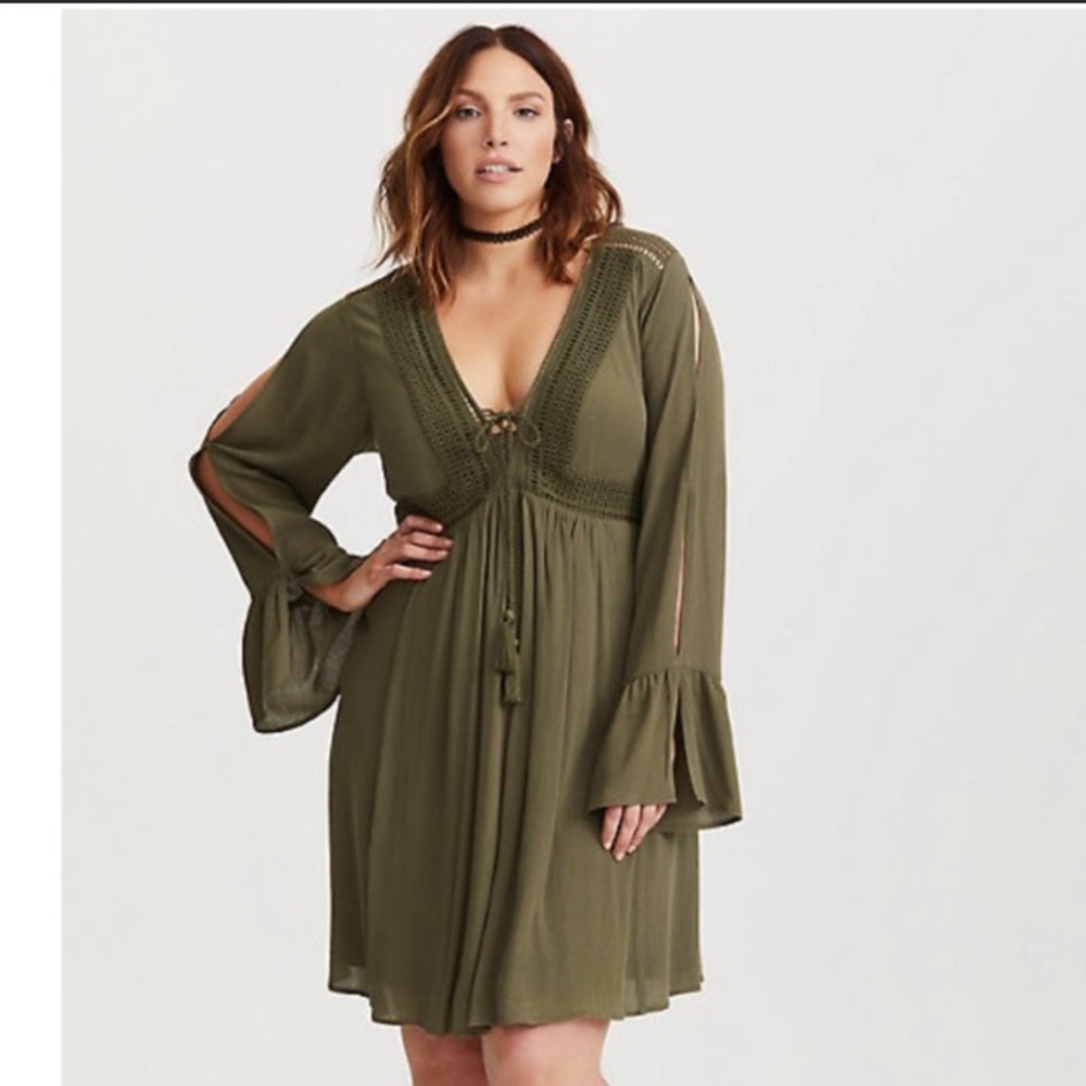 Torrid Lace Up Gauze A-Line BOHO Green Dress